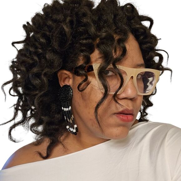 Vintage Black & Silver Sequin Beaded Fringe Clip-On Earrings | 4.42" | Circa 198 - Picture 3 of 7